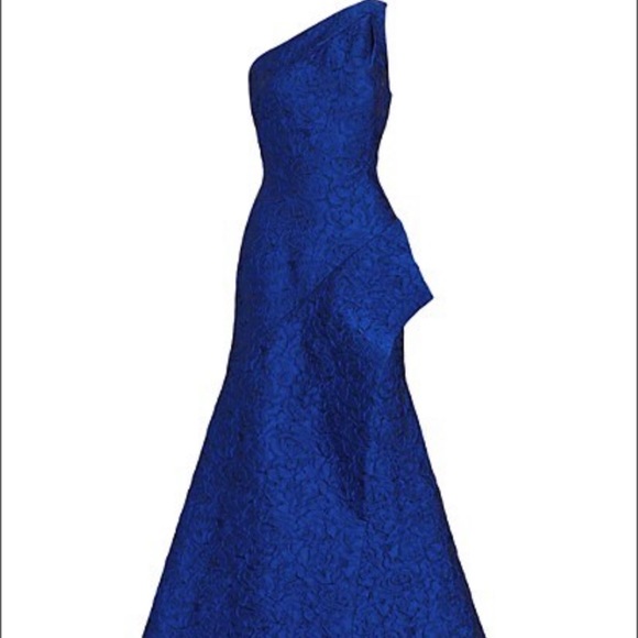 Teri Jon By Rickie Freeman Royal Blue Floral Lace Asymmetric Gown Dress - Picture 5 of 7
